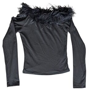 Dazy Black Fur Collar Retro 90s inspire Long Sleeve Stretchy Top Medium